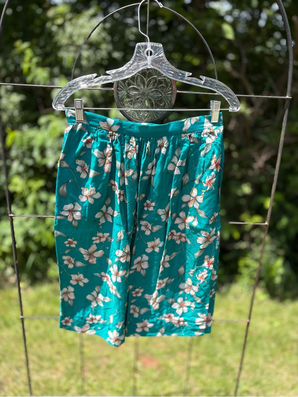 Vintage Women’s Floral Teal Midi Skirt Hawaiian Summer Lightweight A-Line Retro - Picture 2 of 12